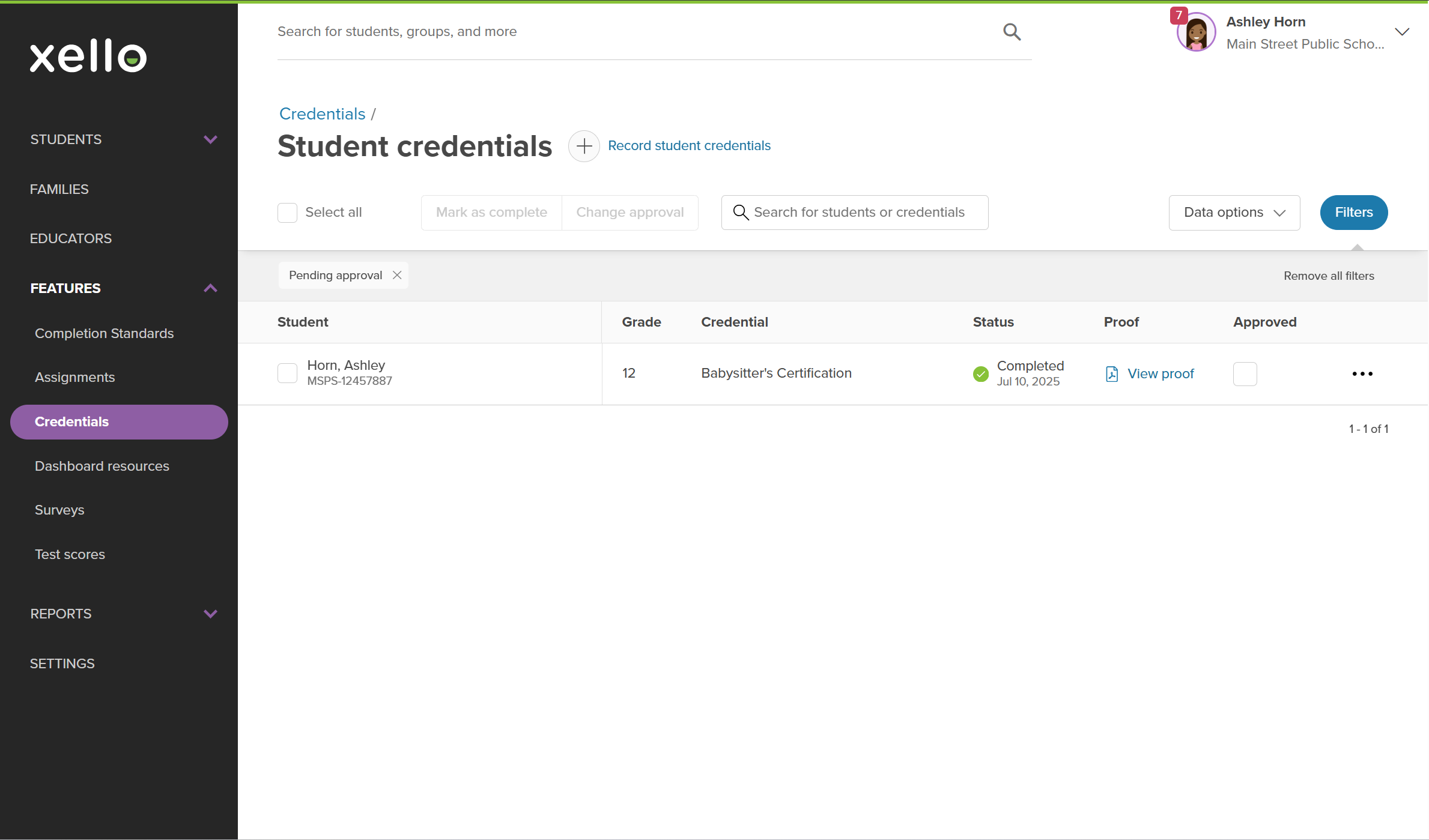 Educator account in Xello. Student credentials page with the pending approval filter applied